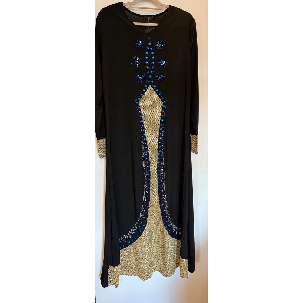 Luxe Woman Black Gold Embellished Maxi Dress Blue Rhinestone Long Sleeve 22